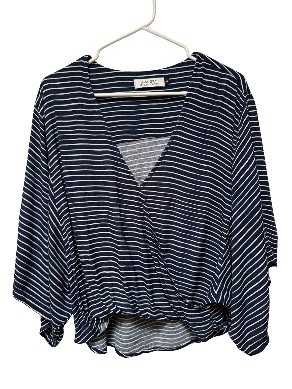Ava Sky Fighting Eel Hawaii Blue & White Striped Wrap Wide Sleeve Top